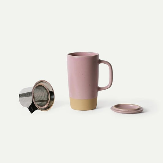 MORA Ceramics Large Tea Mug with Loose Leaf Infuser and Ceramic Lid, 18 oz, Portable, Microwave, Dishwasher Safe, Tall Coffee Cup - Rustic Matte Ceramic Glaze, Modern Herbal Tea Strainer, Dawn by MORA
