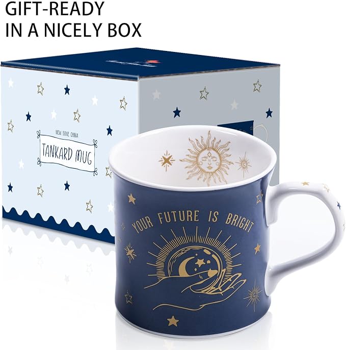 Blue Celestial Coffee Mug, "Your Future is Bright" Inspirational Theme Ceramic Mug, 12 oz New Bone China Mug with Tarot Symbols of Sun, Moon & Stars, Designed in England by Harvest Green Studio - Image 4