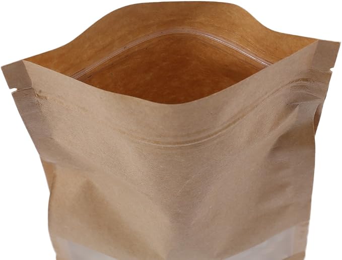 100PCS Brown Kraft Stand-Up Side Gusset Zip Top Lock Bags w/Window 12x22+6cm (4.7x8.6+2.3") - Image 3