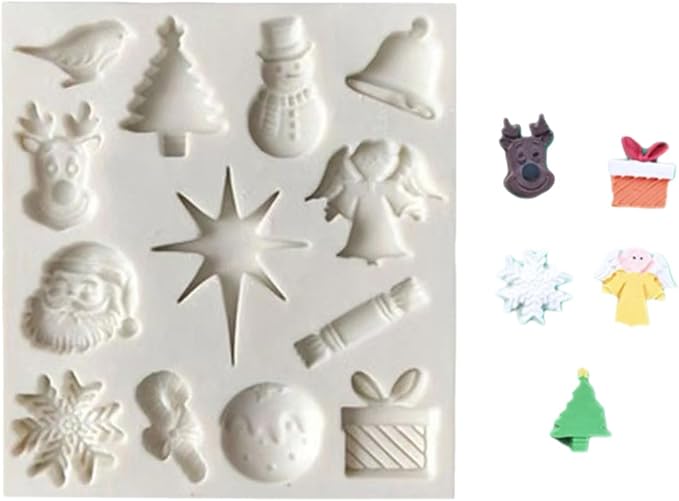 1 Pcs Christmas Chocolate Molds Silicone with Santa Claus Christmas Tree Bell Snowflake Elk Xmas Gift Design Silicone Molds for Baking Soap Candles Candy Ice Cube Jelly Handmade Chocolate Molds