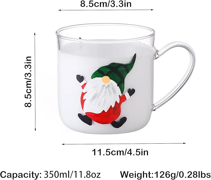 12oz/350ml Hand Painted Glass Cups With Handle,Clear Glass Coffee Cups,Coffee Glasses For Hot Beverages,Clear Mugs (Green Hat Santa)