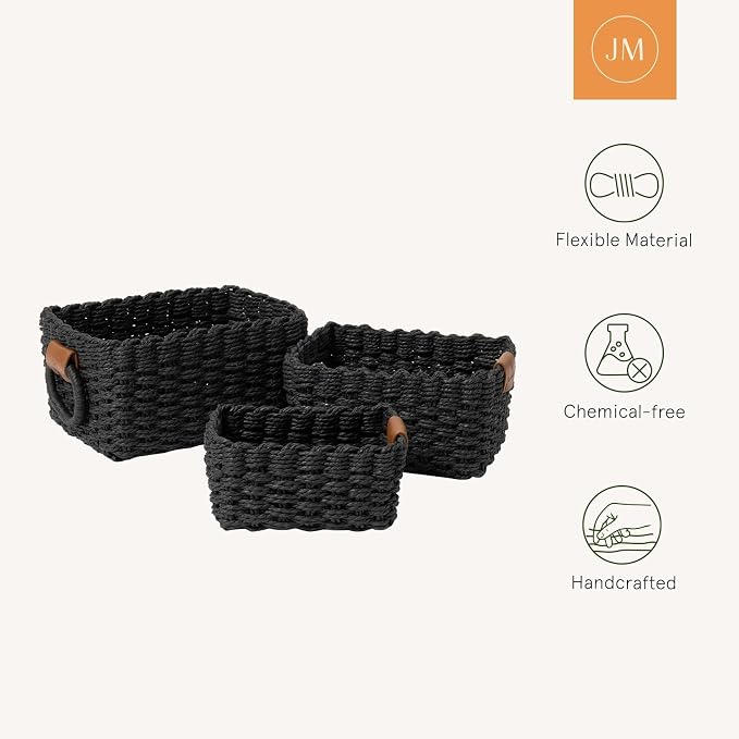 LA JOLIE MUSE Small Wicker Baskets for Organizing, Black 3 Pack | Decorative Organizer with Vegan Leather Tag, Round Handle, Storage Baskets for Shelves, Bedroom, Kitchen, Office and Home - Image 5