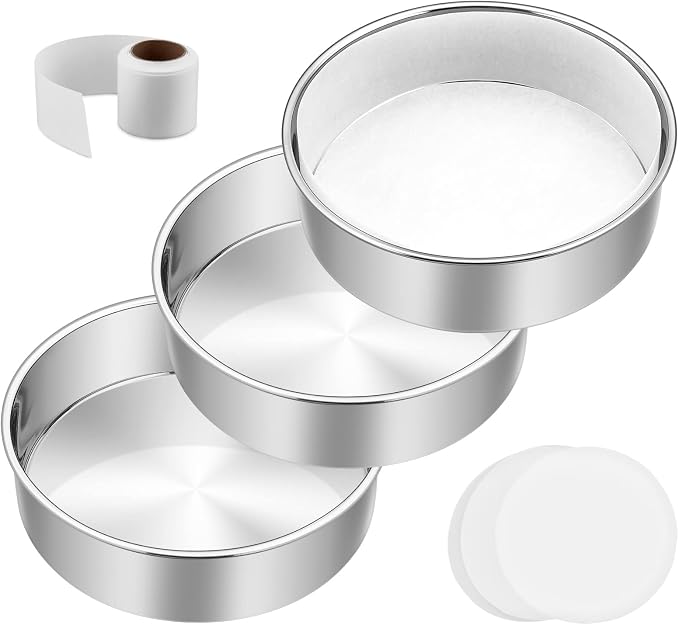 6 Inch Cake Pan Set of 3, E-Far Stainless Steel Round Layer Smash Cake Baking Pans with Parchment Rounds & Side Liner Roll, Non-Toxic & Healthy Metal Cakes Tin, Straight Side & Dishwasher Safe by E-far