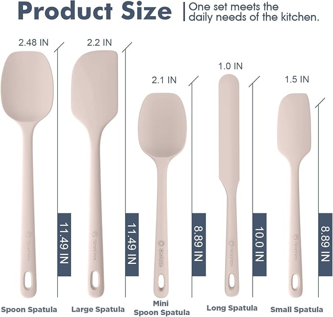 ChefAide 5 Pieces Silicone Spatula Set, Food Grade Rubber Spatula, Upgrade Strong Handle with Ergonomic Grip, Heat Resistant Up to 600°F for Nonstick Cookware, Cooking - Image 2