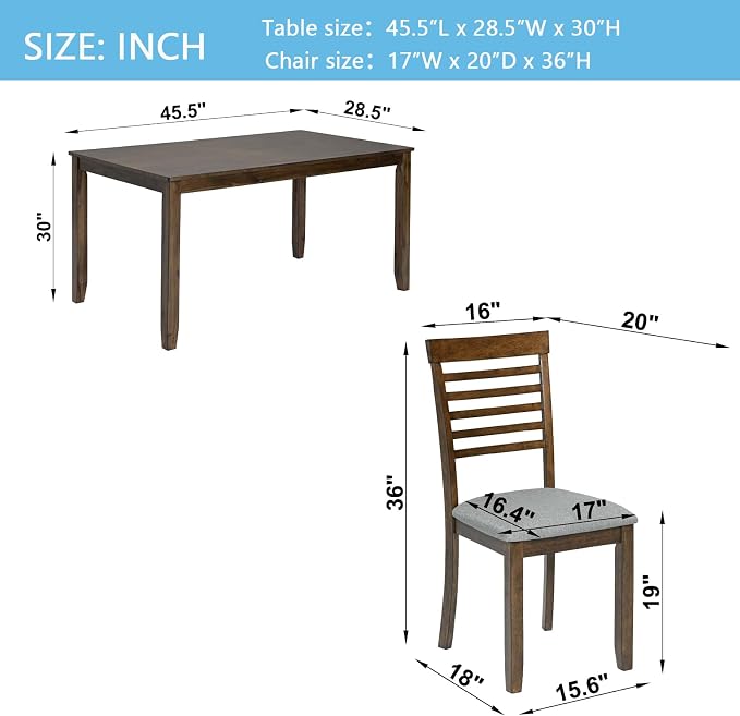 5-Piece Dining Table Set for 4, Kitchen Dining Table with 4 Soft Cushioned Solid Wood Chairs, Ideal for Home or Restaurant Use.(Walnut_Medium) - Image 3