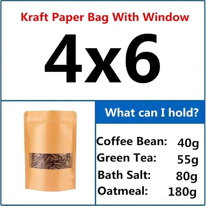 Kraft Heat Sealable Stand Up food Pouches Paper Mylar Bags With Clear Window And Zipper, Heavy Duty Decorative Resealable Recycled For DIY Homemade Chips Favor Cookies Christmas (50pcs 4x6+2.4 inch) - Image 3