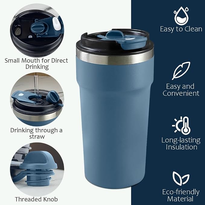 SPLMIFA Travel Coffee Mugs Leak-Proof, Reusable Coffee Cups with Lids, Stainless Steel Vacuum Insulated Coffee Tumblers, Thermal Insulation Cups for Men and Women Hot & Cold Drinks(4th-Blue, 16OZ) - Image 2