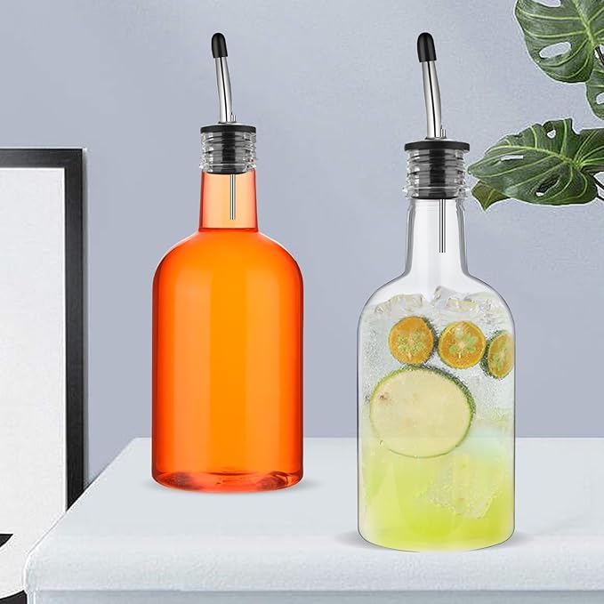 Maxcheck 6 Sets 16 oz Plastic Long Neck Bottles with Pourer and Caps Plastic Juice Pour Bottles with Stainless Steel Bottle Pourer Tapered Spout for Liquor Juice Store Syrup