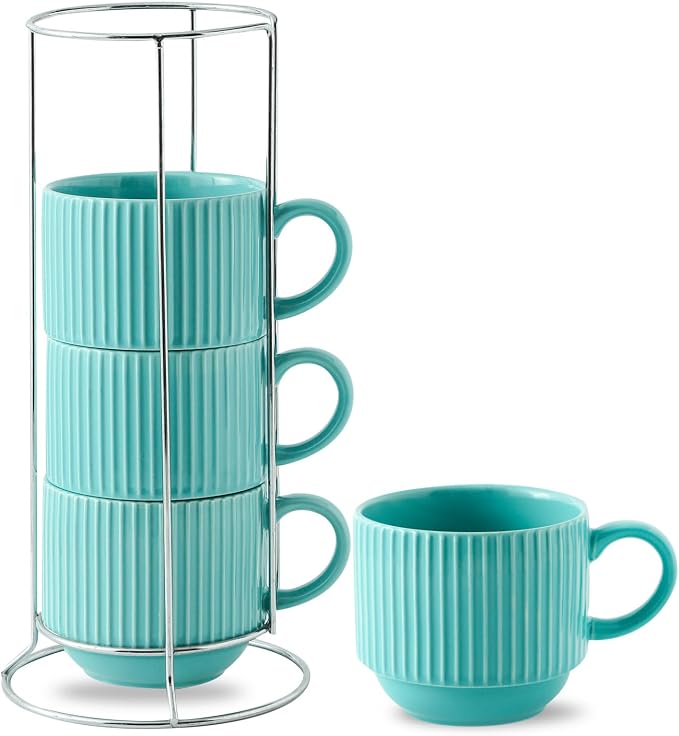 Hasense 15 oz Coffee Mug Set of 4 with Stand - Stackable Large Ceramic Ribbed Latte Cup Set for Cappuccino, Tea, Hot Cocoa, Drinks - Dishwasher & Microwave Safe, Turquoise by Hasense