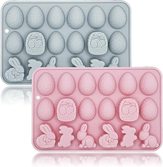 2 Pack Easter Gummy Chocolate Molds 18 Cavities Egg Rabbit Candy Mould Tray Baking Tools for Chocolate Cake Dessert Candy Mousse Pastry Handmade Soap Cupcake Topper Crayons by BENEKIY