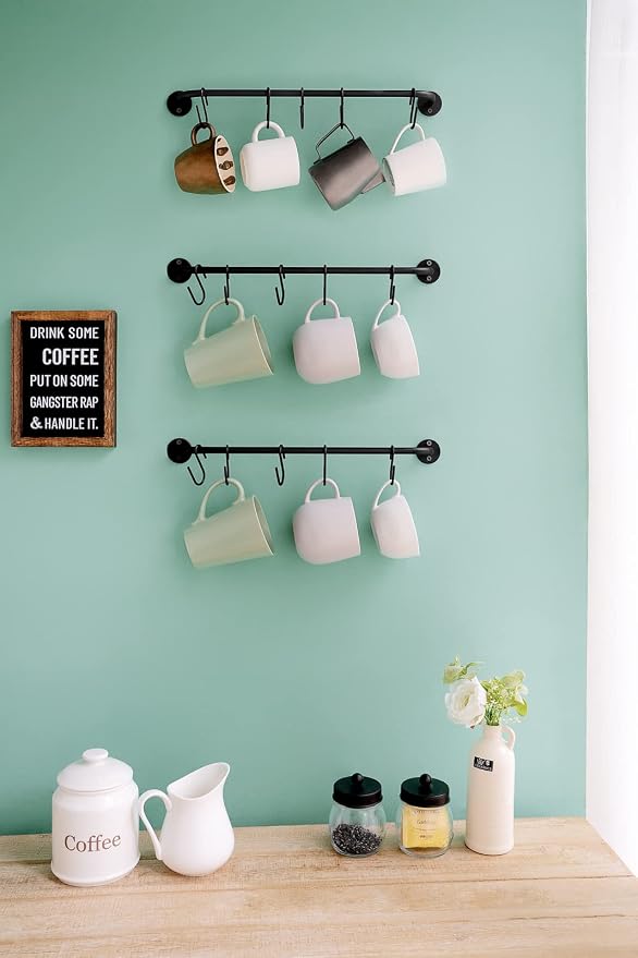 Mkono Mug Holder Wall Mounted Coffee Cup Rack Hanger Modern Metal Wall Rack with 15 Mug Hooks Rustic Utensil Tea Cups Storage Organizer for Kitchen Dining Room Coffee Bar, Set of 3, Black | Kitchen Rod, Space Saving, Easy Assembly, Wall & Under Cabinet... - Image 3