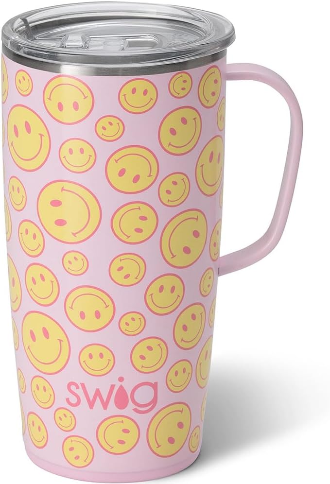 Swig Life 22oz Travel Mug, Insulated Tumbler with Handle and Lid, Cup Holder Friendly, Dishwasher Safe, Stainless Steel, Travel Coffee Cup, Insulated Mug with Lid (Oh Happy Day) by SwigLife