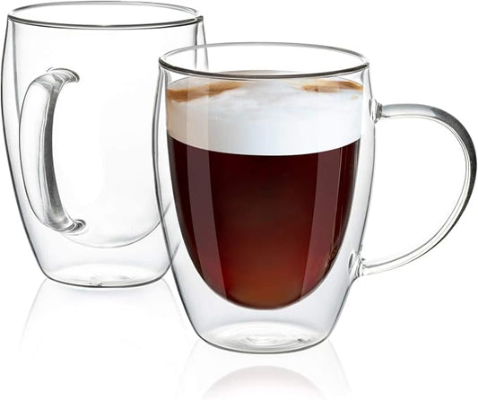 MEWAY 12oz/2 PACK Coffee Mugs,Clear Glass Double Wall Cup with handle for Coffee, Tea, Latte, Cappuccino (12 oz，2) by MEWAY