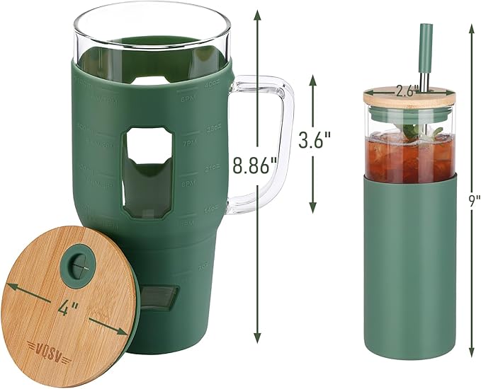 Glass Cups with Lids and Straws - 40 oz Tumbler with Handle - 16 oz Reusable Water with Bamboo Lid, Stainless Steel Straw, Silicone Sleeve for Coffee, Smoothi, Hot, Cold Drinks (2 Count)