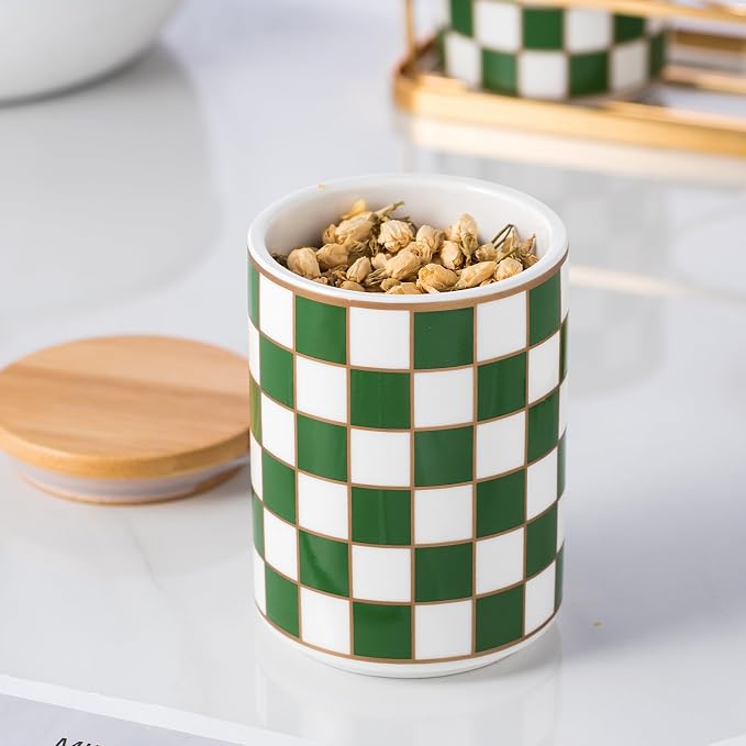Kitchen Countertop Ceramic Checkered Canisters,Black And White Food Storage Containers With Lid,Airtight Kitchen Canisters for Flour, Sugar, Coffee, Tea, and Dry Goods (Green, Small) - Image 5