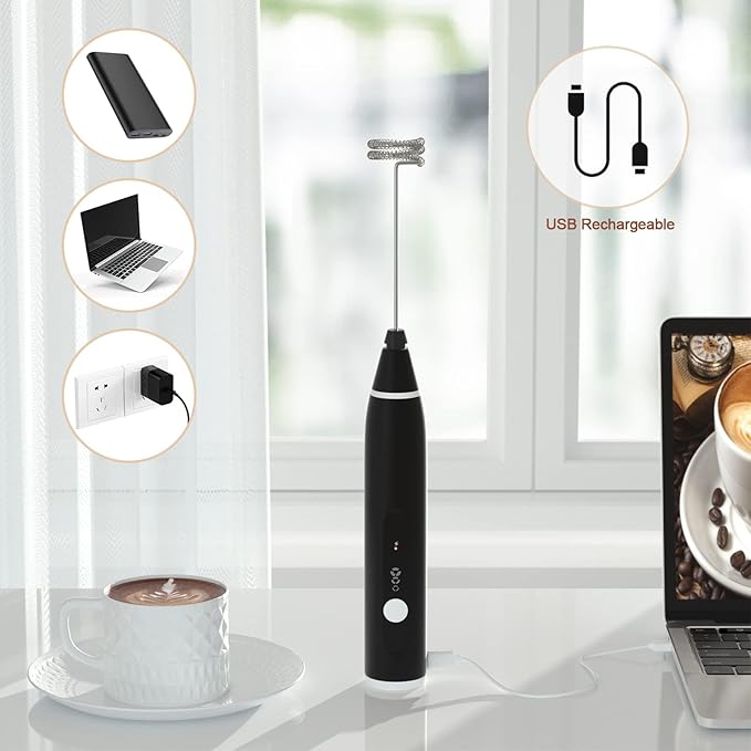FITNATE Rechargeable Electric Foam Maker Drink Mixer 3 Speeds with 2 Stainless Steel Whisks, Frother for Coffee, Hot Chocolate, Latte, Cappuccino, Includes Frother Cup
