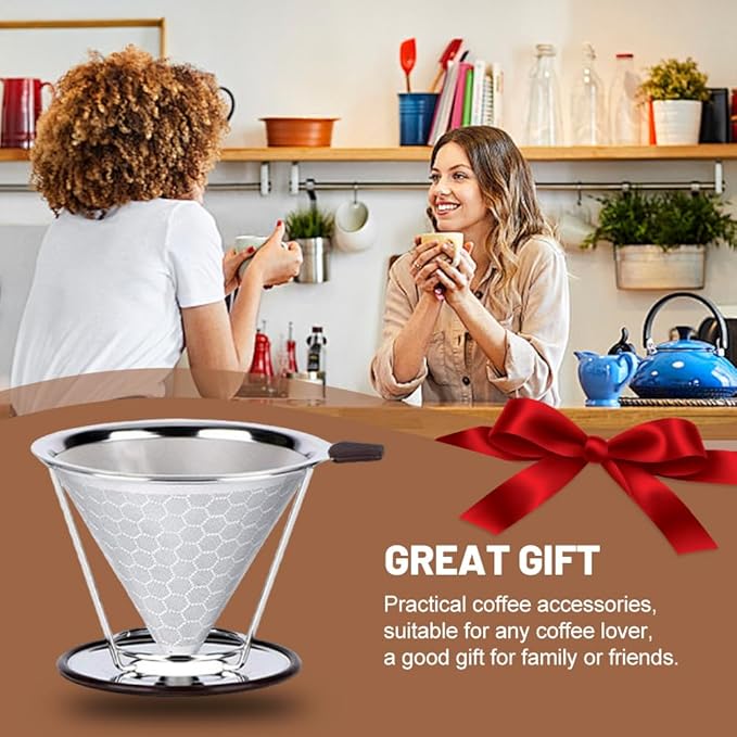 Pour Over Coffee Dripper, Stainless Steel Metal Cone Coffee Filter Single Cup Coffe-e Maker with Non-slip Cups Stand, Reusable Paperless Dripper for Medium Grind Coffe-e, Optimize Extraction(Silver)