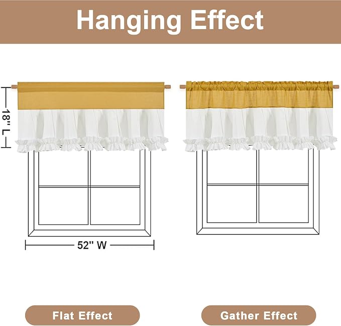 Likiyol Linen Valances for Windows Farmhouse Window Valances with Ruffle Rustic Country Light Filtering Kitchen Valance Curtains Rod Pocket Valance for Bathroom Cafe, Yellow White, 52" W X 18" L - Image 3