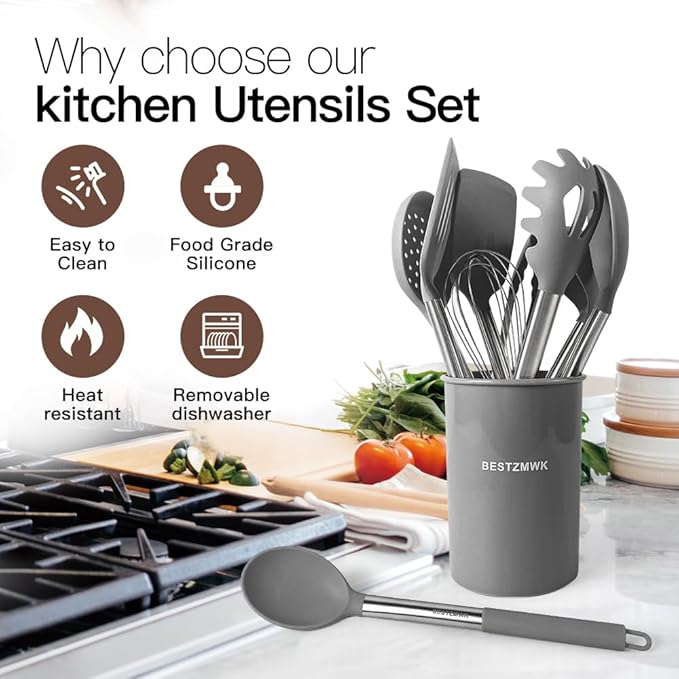 Kitchen Utensils Set-Silicone Cooking Utensils-32pcs Non-Stick Silicone Cooking Kitchen Utensils Spatula Set with Holder-Best Kitchen Cookware with Stainless Steel Handle (Grey) - Image 3