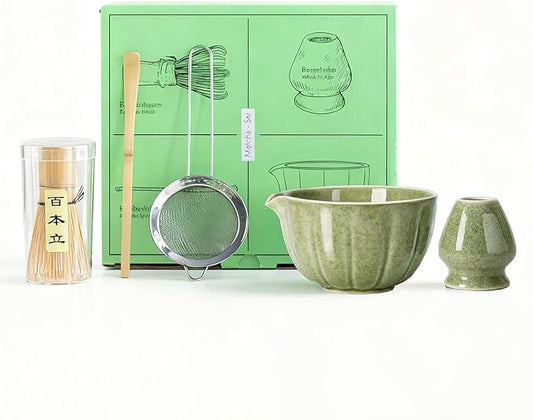 Matcha Set, 5Pcs Matcha Whisk Set, Matcha Bowl with Spout, Whisk and Holder, Bamboo matcha Scoop and Stainless Sifter,Gift for Matcha Lovers Beginner