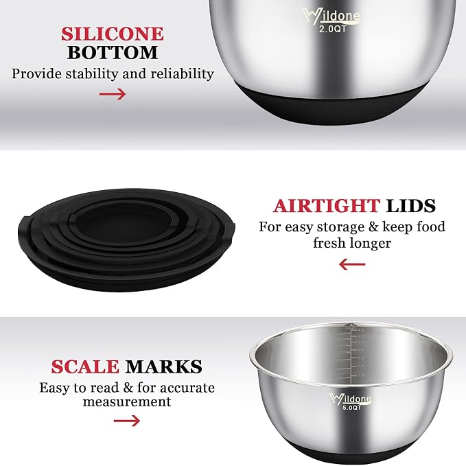 Wildone Mixing Bowls with Airtight Lids, Stainless Steel Mixing Bowls Set | Metal Bowls with 3 Grater Attachments & Non-Slip Bottoms, Size 5, 4, 3, 2,1.5, 0.63QT, Includes Utensil Set for Prep, Black - Image 6