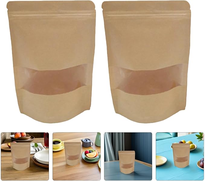 50pcs Reusable Kraft Paper Food Packaging Bags with Window and Resealable Zipper Lock, Self-standing Pouches for Snacks Nuts, for Pantry Organizing - Image 8