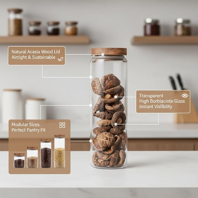 Clear Glass Storage Jars with Acacia Wood Lids for Pantry Organization - Dry Food Containers for Kitchen Countertops - Image 4