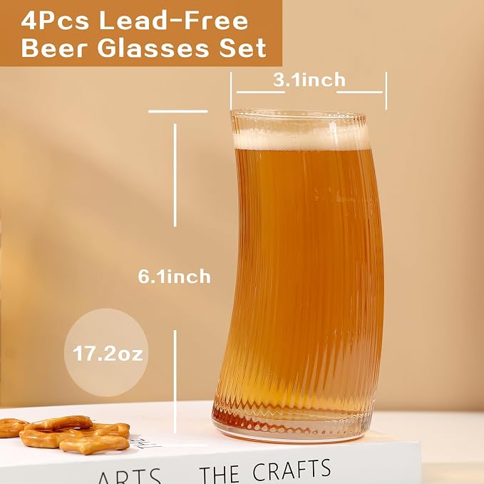 17.2oz Beer Glasses Set of 4, Large Beer Mugs for Freezer, Craft Pint Glasses, Unique Pub Hand Blown Drinking Glasses for IPA, Pilsner,Gifts for Christmas - Image 2