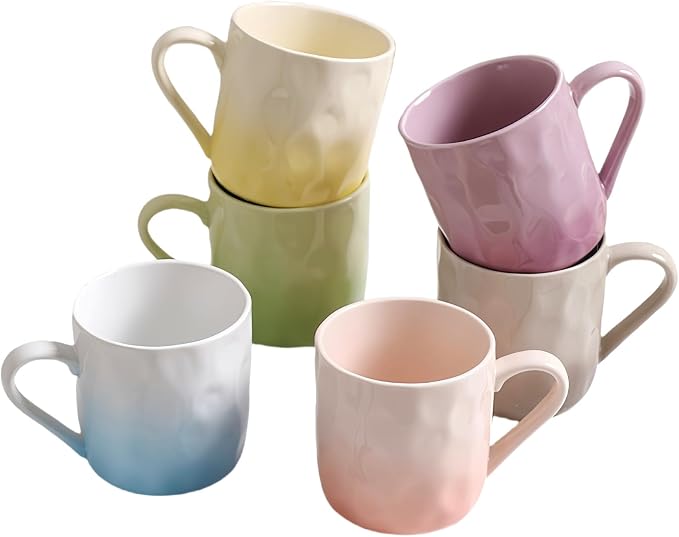 Porcelain Coffee Mugs, Multicolor, Set of 6, 12oz | Hand-Pinch Textured Ceramic, Microwave & Dishwasher Safe, Non-Toxic, Stylish Gift by SLSGWOC