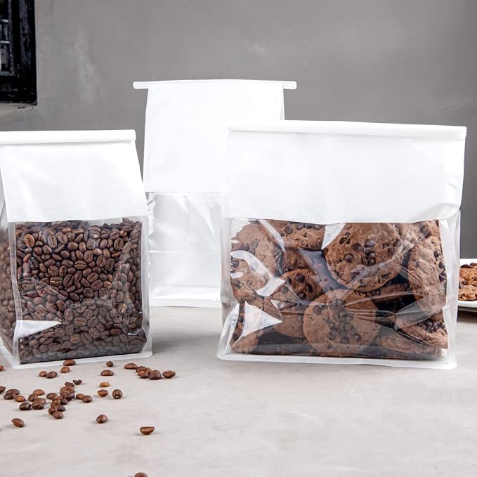 Bag Tek 5.1 x 4.1 x 11.2 Inch Tin Tie Bags With Windows, 100 Resealable Bakery Bags With Windows - Flat Bottom, For Cookies or Coffee Beans, White Cotton Paper Tin Tie Bags - Restaurantware - Image 6