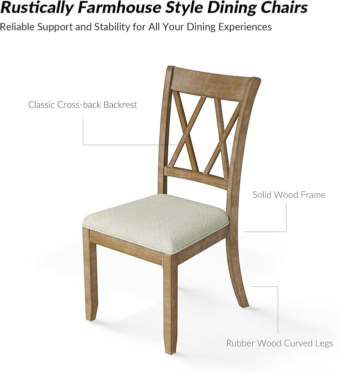 HULALA HOME Rustic Farmhouse Dining Chairs Set of 2, Solid Wood Frame in Natural, Double Cross Back, Upholstered Cushions for Kitchen or Dining Room, Natural - Image 5
