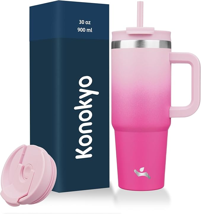 Konokyo 30 oz Insulated Tumbler Water Bottle with Handle, Straw Lid | BPA-free and dishwasher safe; made for gym, travel, coffee and gifting, 2 straws, cup holder friendly,Cherry Blossoms by Konokyo