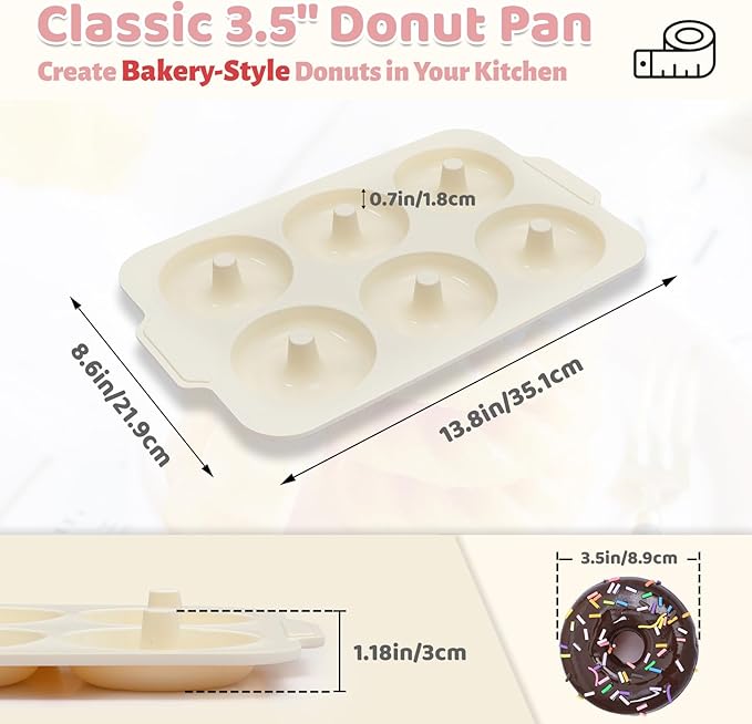 Nonstick Silicone Donut Pan: 3.5 Inch Large Donut Mold with Metal Frame - Bagel Doughnut Pan for Baking Gluten Free Glazed Vegan - for Oven Housewife Home Baker Baking Lovers (Green & Beige)