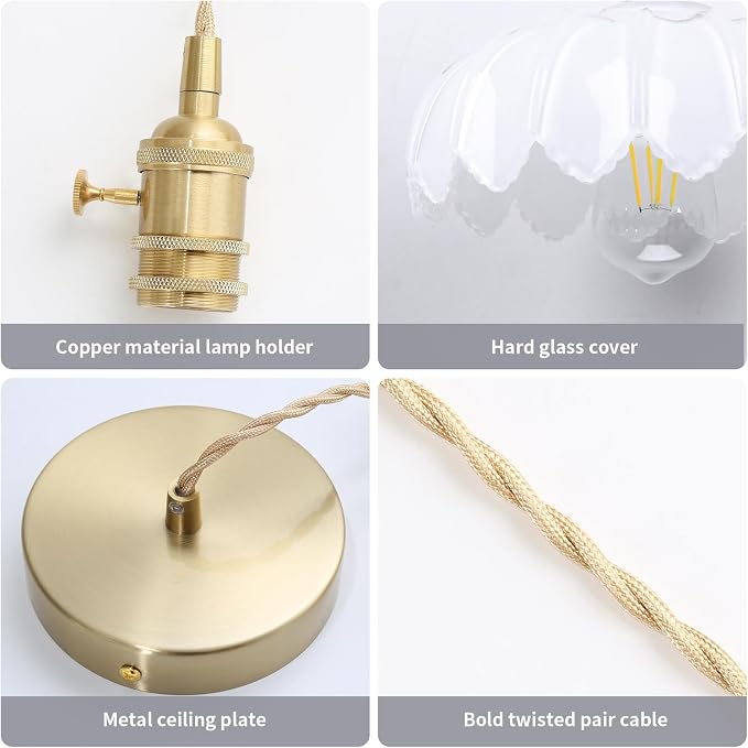 Mid Century Modern Pendant Light Nordic White Chandelier with Hand Blown Flower Glass Shade Brass Adjustable Height Dining Table Pendant Lamp with Switch for Kitchen Island Dining Room Hotel - Image 3