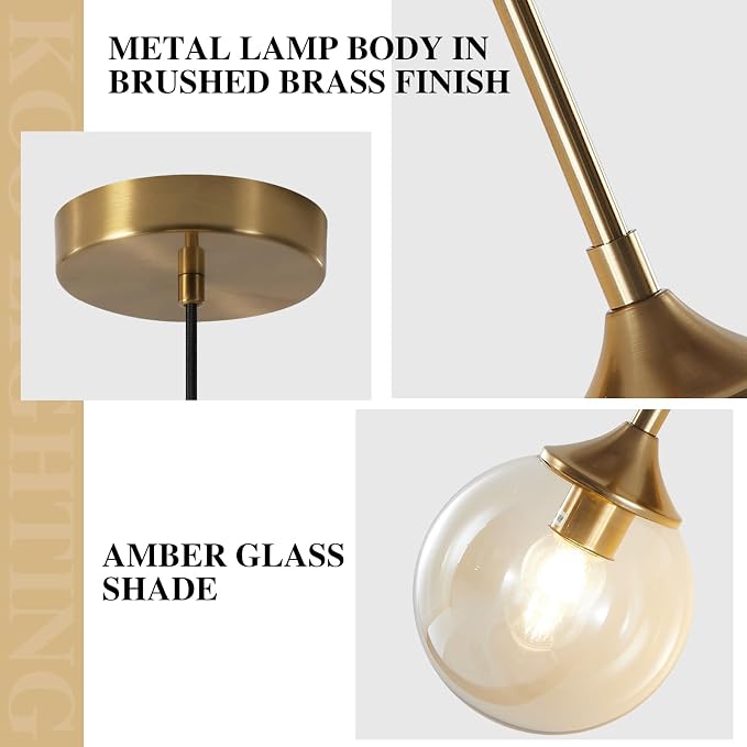 KCO Lighting Mid Century Modern Gold 7.1” Amber Glass Globe Pendant Light | Adjustable E26 Hanging Lamp for Sloped Ceilings, Small Single Ceiling Light for Kitchen Island Bedroom Dining Room Bathroom - Image 3