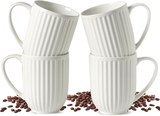 HASENSE Textured Large Coffee Mugs Set of 4, 16 Oz Ribbed Ceramic Cups with Large Handle for Latte Tea Cappuccino, Stackable Embossed Mug Set for Mom Dad, Microwave Dishwasher Safe, Creamy White by Hasense