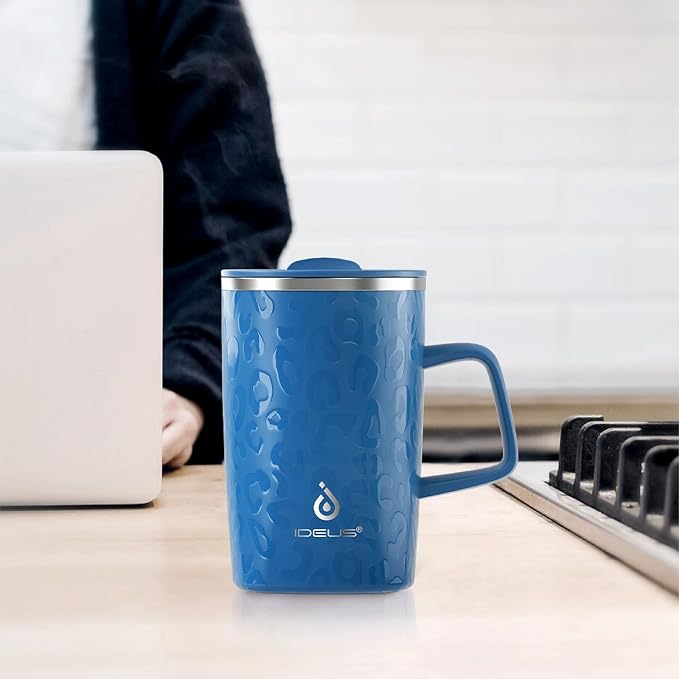 Ideus 16 oz Insulated Stainless Steel Coffee Mug with Lid, Leopard Blue | Perfect for home, office, or daily use| Easy to clean wide mouth| Sweat-proof| On the go - Image 7