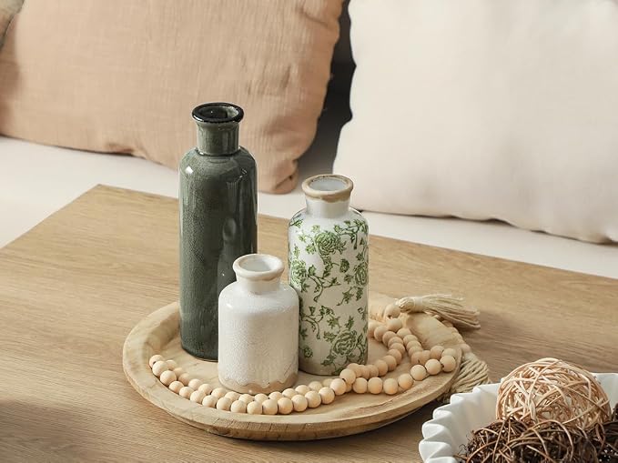 Vintage Vase Set of 3, Ceramic Vintage Flower Vases, Chinoiserie Decorative Home Decor Retro Floral Vase Rustic Farmhouse Decor for Table Bookshelf Mantel Kitchen Living Room Office - Green and Beige - Image 7