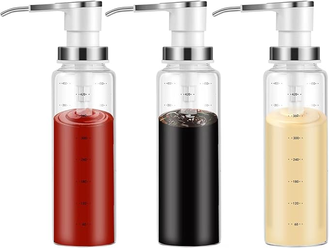 Coffee Syrup Dispenser, Sauce Pump Dispenser, 17 oz Glass Bottle with Stainless Steel Pumps, Leak-Proof, Food Grade Pumps for Honey, Syrups, Oil, Condiments, Salad Dressings and More (3)