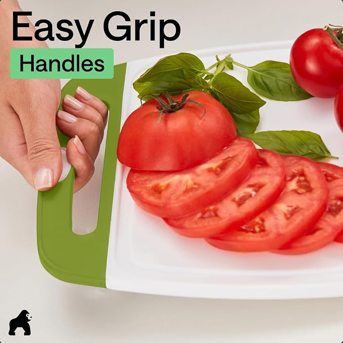 GORILLA GRIP BPA-Free Reversible Kitchen Cutting Board Set of 3, US Designed, Nonporous, Juice Grooves Catch Liquid, Slip Resistant Border, Dishwasher Safe, Durable Food Chopping Boards, Lime Green - Image 8
