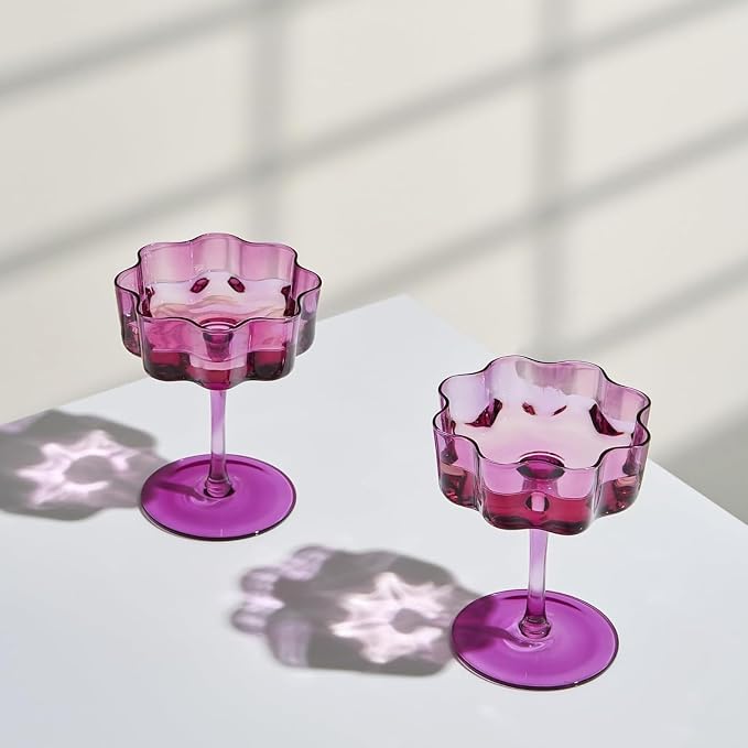 Khen Flower Vintage Wavy Glass Coupes Martini, Champagne & Cocktail Coupes - Set of 2-7oz Colorful Cocktail Glasses & Champagne, Prosecco, Mimosa Glassware Copyright Design - Amethyst Purple by Khen