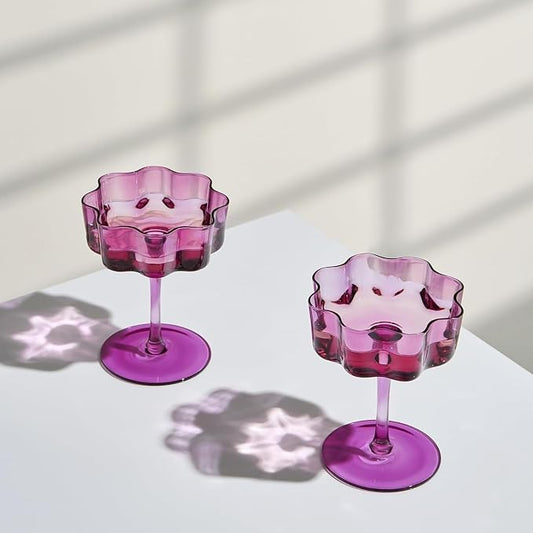 Khen Flower Vintage Wavy Glass Coupes Martini, Champagne & Cocktail Coupes - Set of 2-7oz Colorful Cocktail Glasses & Champagne, Prosecco, Mimosa Glassware Copyright Design - Amethyst Purple by Khen