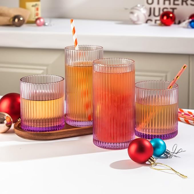 Ribbed Drinking Glasses 8pcs, 12oz and 10oz Glassware, Tumbler Glasses Cup Set for Wedding, Party, Christmas Gift, Purple - Image 2