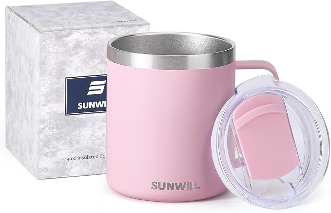 SUNWILL Insulated Coffee Mug with Lid, Travel Tumbler Reusable, 14 oz Stainless Steel Cup for Camping, Office, Home, Powder Coated Sakura - Image 5
