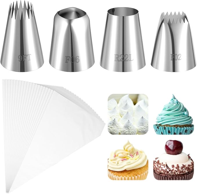 4PCS Extra Large Piping Tips Set, Stainless Steel Round Piping Tip, Frosting Icing Tips, Large Star Square Wide Jumbo Pipings Tip for Cupcakes Cakes Cookies