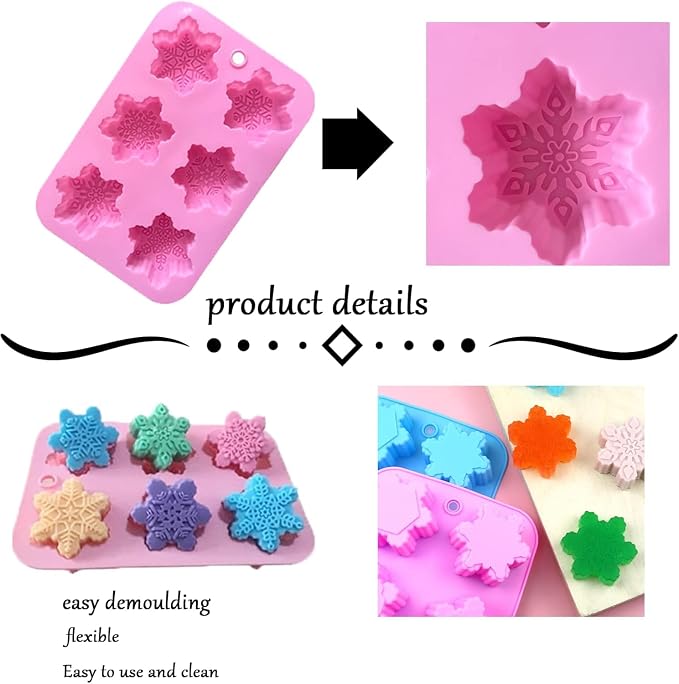 Silicone Snowflake Molds - 2 Pcs Christmas Soap Molds Non-Stick 3D Snowflake Candle Bath Bomb Mold Christmas Baking Tray Cake Cupcake Backing Mold Chocolate Candy (Pink/Blue) - Image 2