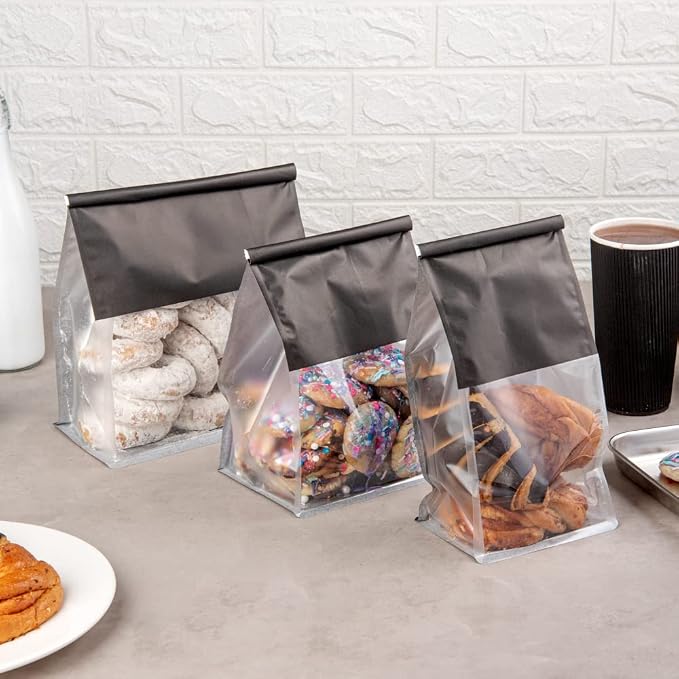 Bag Tek 5.1 x 4.1 x 11.2 Inch Tin Tie Bags With Windows, 100 Resealable Bakery Bags With Windows - Flat Bottom, For Cookies or Coffee Beans, Black Cotton Paper Tin Tie Bags - Restaurantware - Image 6