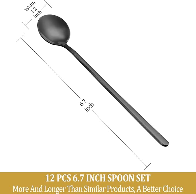 12 Pcs Teaspoons Set, 6.7 Inch Black Tea Spoons Long Handle, Black Small Teaspoons, Food Grade Stainless Steel Spoons, Long Spoon for Stirring, Metal Espresso Spoon - Image 2