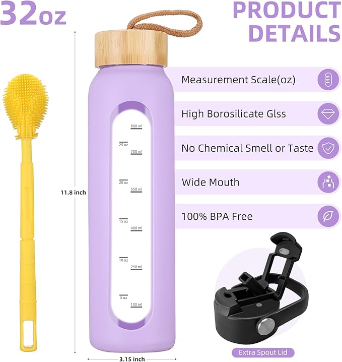 32 oz Glass Water Bottle with 2 Lids-Handle Straw Lid & Bamboo Lid,1 Liter Motivataional Tumbler Water Bottle Time Marker, Borosilicate Glass Water Bottles With Silicone Sleeve, Leakproof