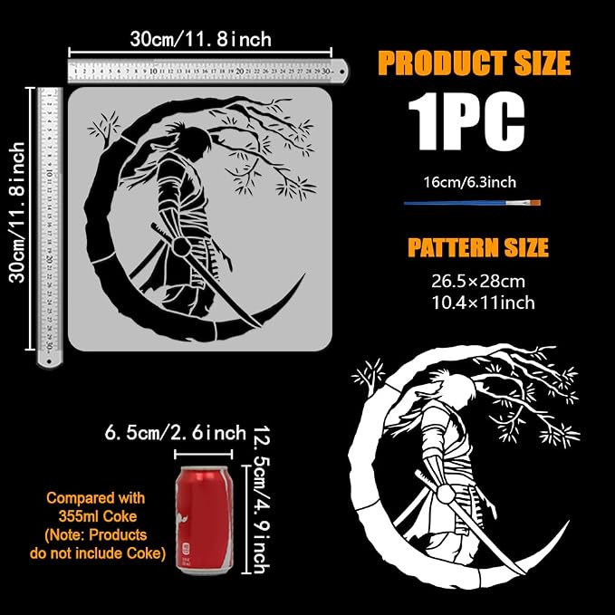 FINGERINSPIRE Samurai of The East Painting Stencil with Brush 11.8x11.8inch Plastic PET Katana Tree Pattern Drawing Template Decorative Hollowed Oriental Theme Stencil for Painting on Wood Canvas - Image 2